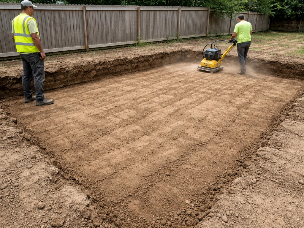Excavated patio area with leveled subgrade and a compacting plate working on native soil.