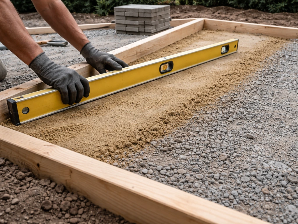 Worker using a spirit level over a sloped base with gravel and forms, showing proper patio drainage