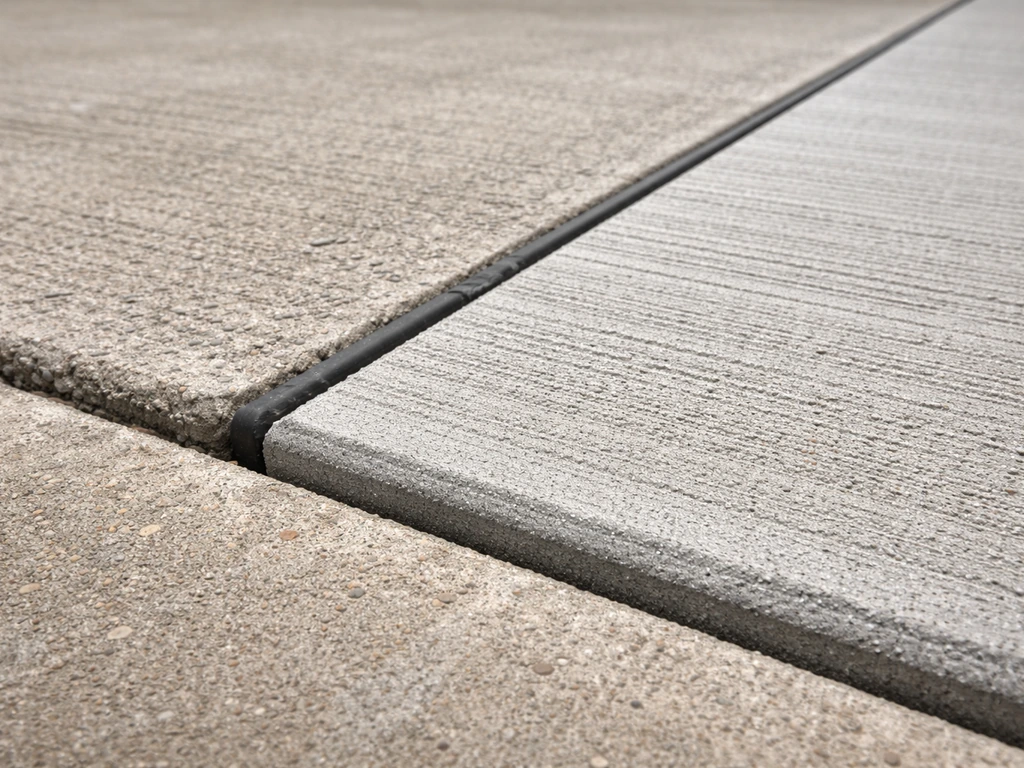 Close-up of an expansion joint where new concrete meets an existing slab, showing a clean edge transition.