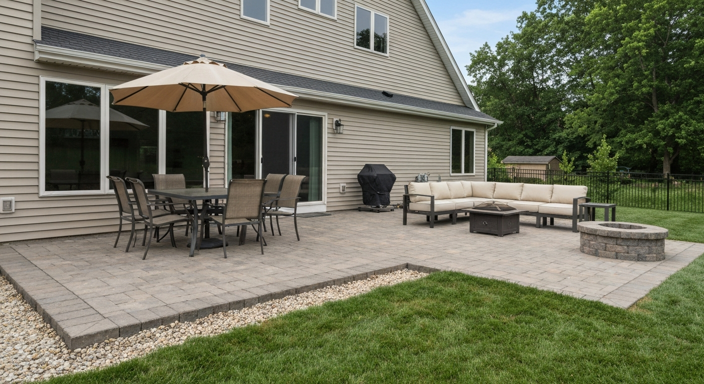 Photorealistic view of a completed backyard patio with concrete pavers, dining and lounge areas, fire pit, and a visible gentle slope away from the house.