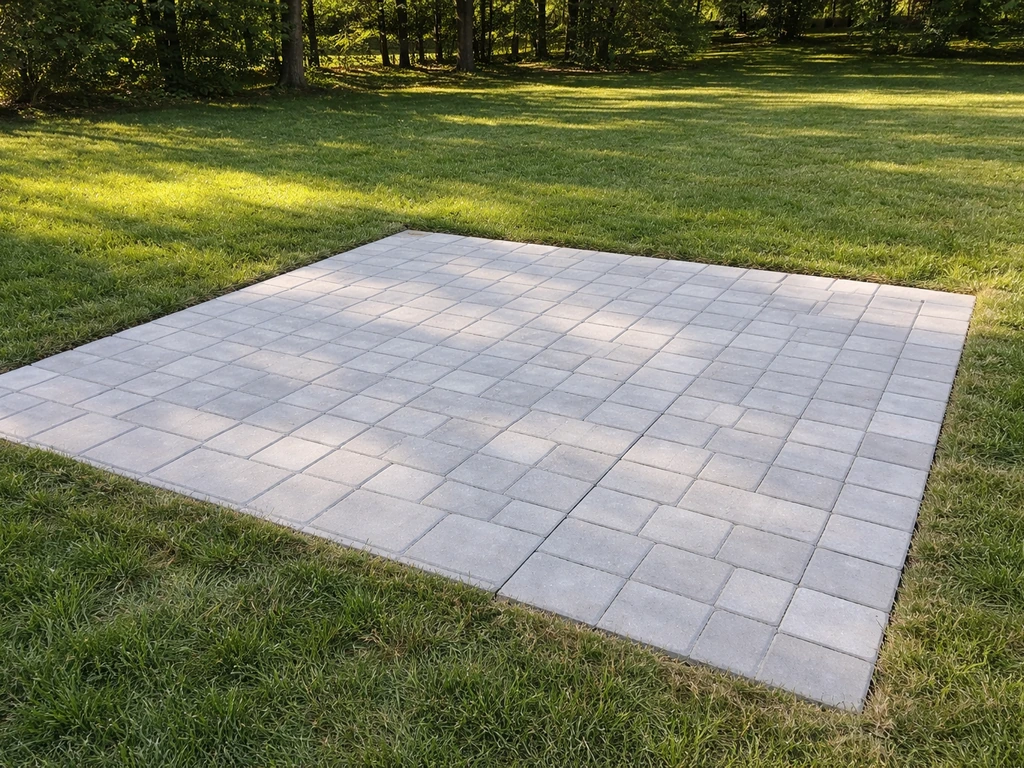 Ground-level concrete paver patio on flat grass with open yard space and no retaining walls.