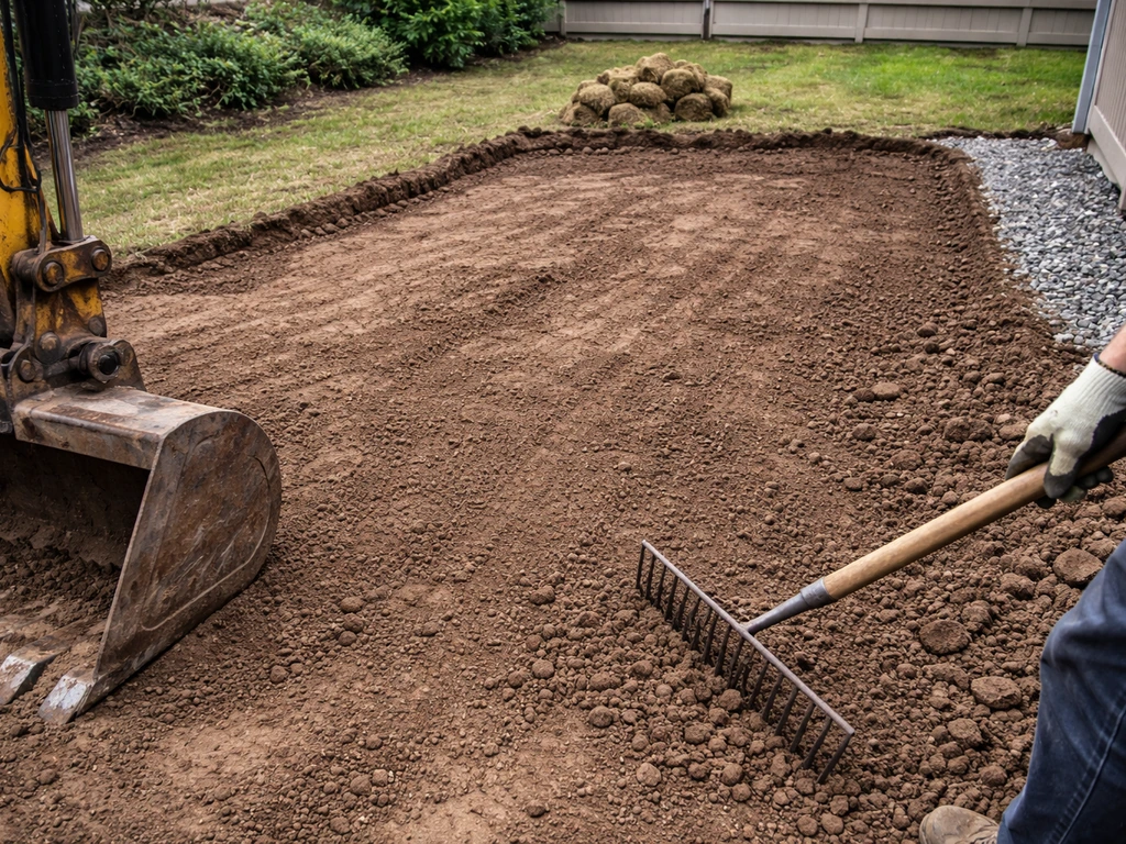 Backyard soil after sod and topsoil removal, graded with a visible drainage slope toward runoff.