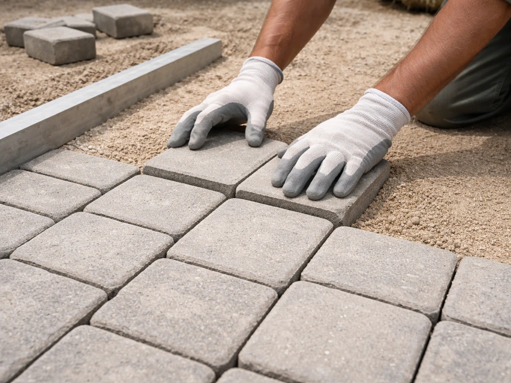 Hands setting rectangular pavers into a sand bed beside a straight metal edge guide