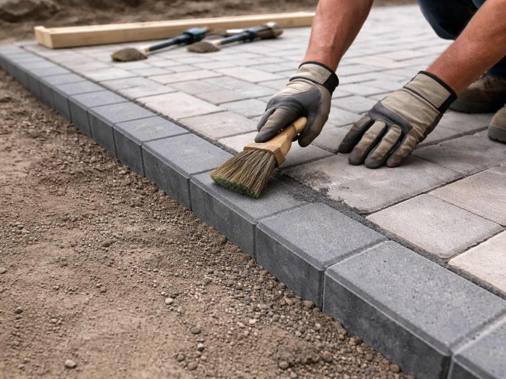 Worker brushing polymeric sand into joints along newly installed paver edging for a patio perimeter