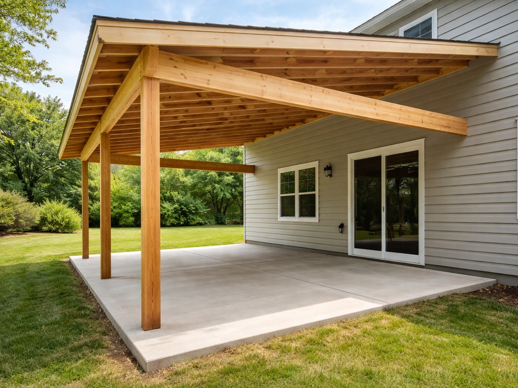 Newly built attached covered patio with roof framing and sloped deck drainage away from the house.