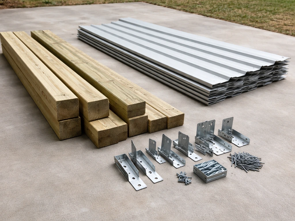 Lean-to patio build materials laid out: framing lumber, roof panels, and metal connectors on concrete