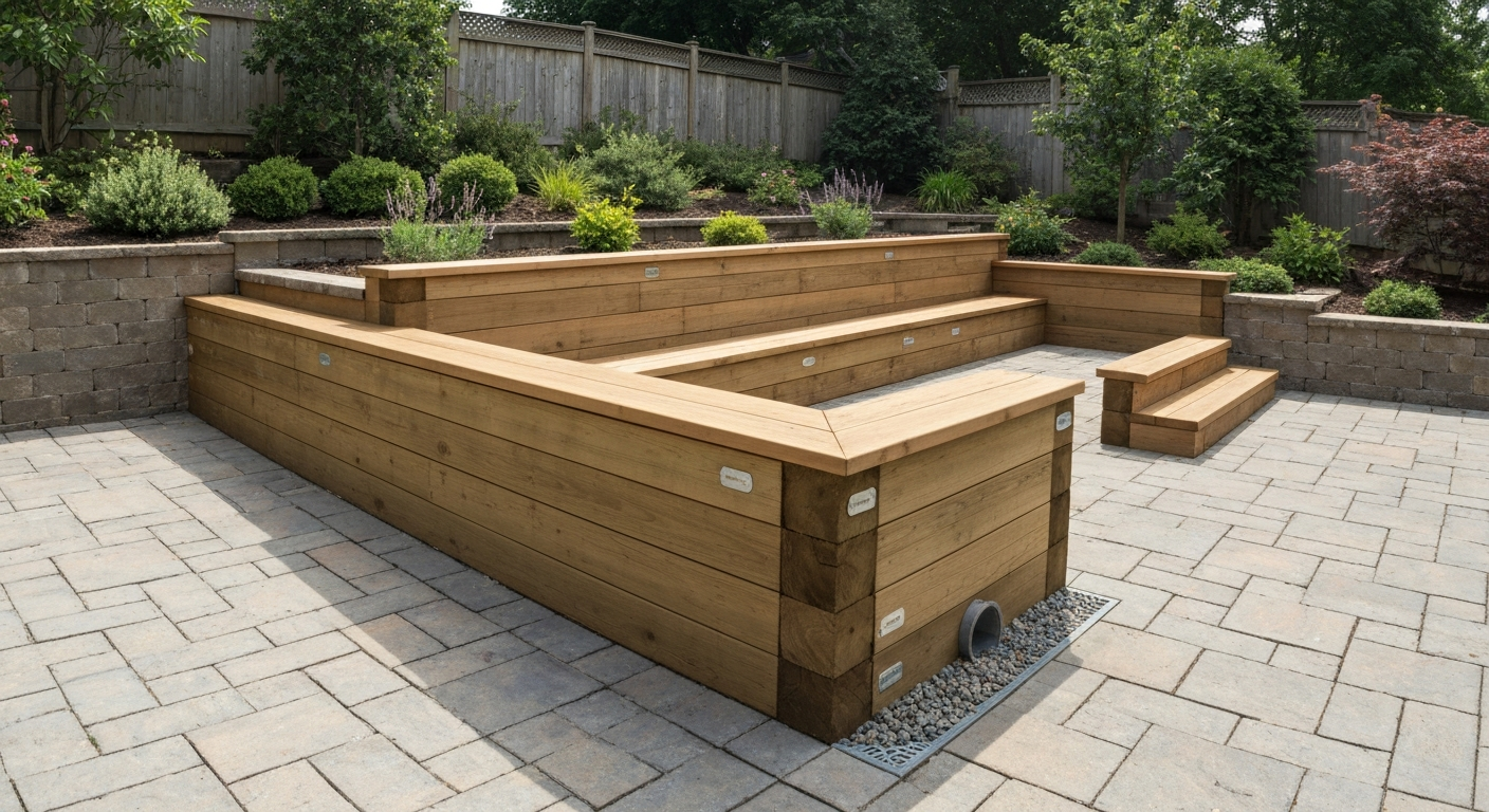 Backyard patio with a wood seating/retaining wall made from pressure-treated timbers with a composite cap, integrated steps, and landscaping.