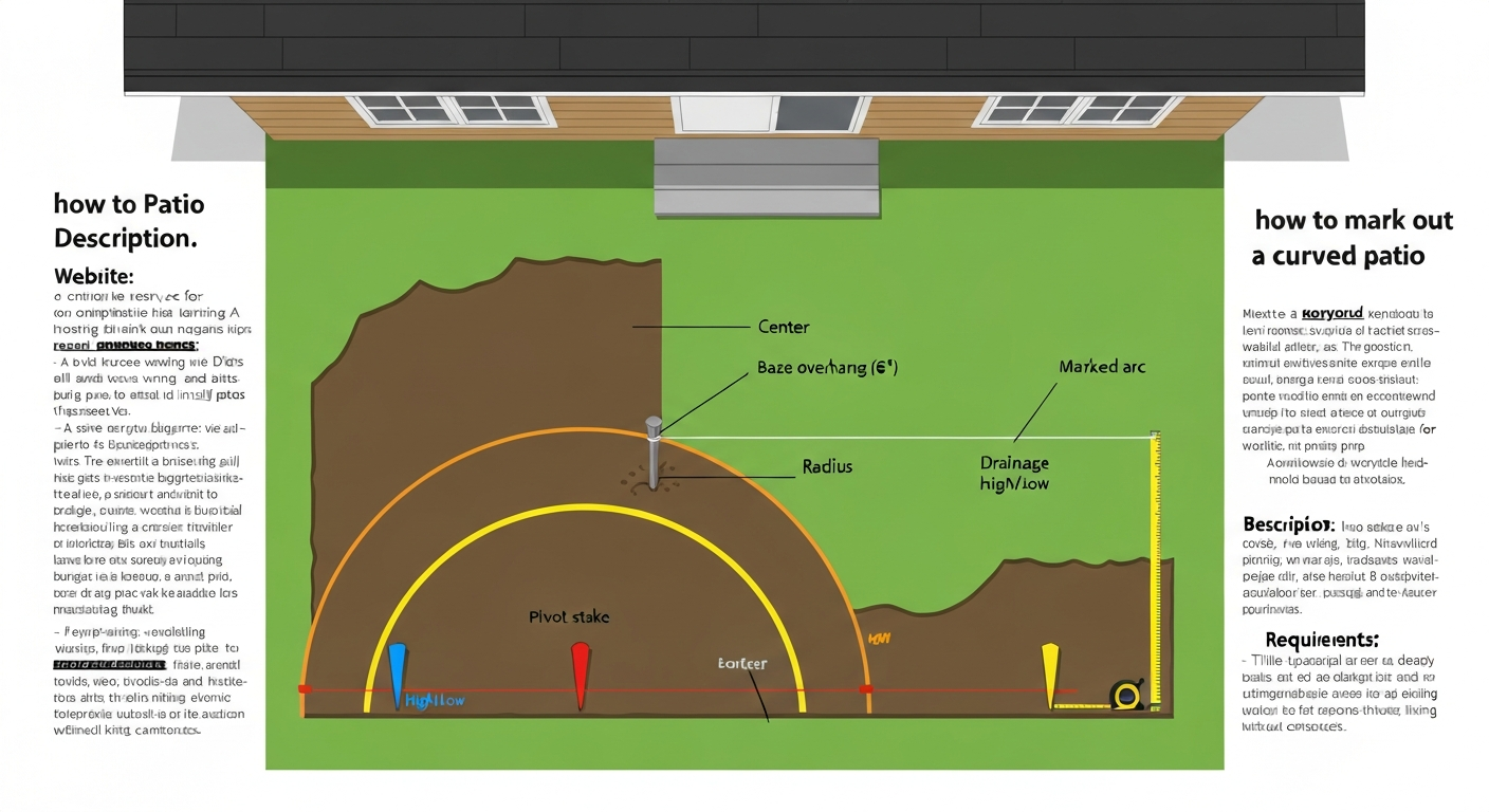 Top-down diagram showing center pivot stake with string sweeping a painted curved arc, outer 6" base-overhang arc, and labeled high/low drainage stakes near a house wall.