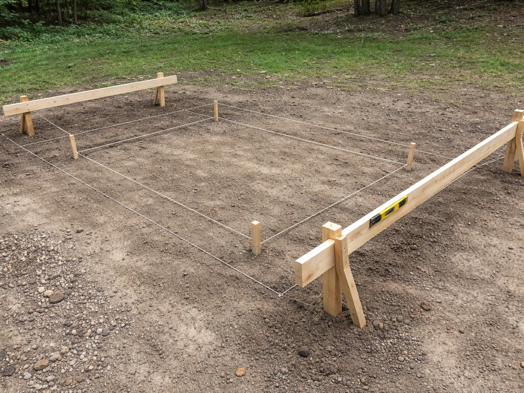 Stakes and batter boards marking a patio fireplace footprint on bare ground with a simple level string line