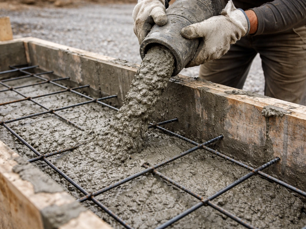 Wet concrete poured into a foundation form with a visible rebar grid beneath.