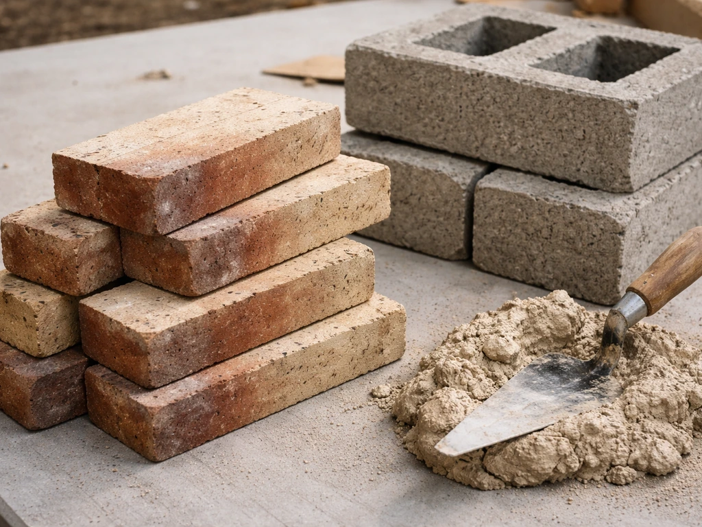 Close-up of firebricks, CMU blocks, and refractory mortar with a trowel on a concrete work surface.