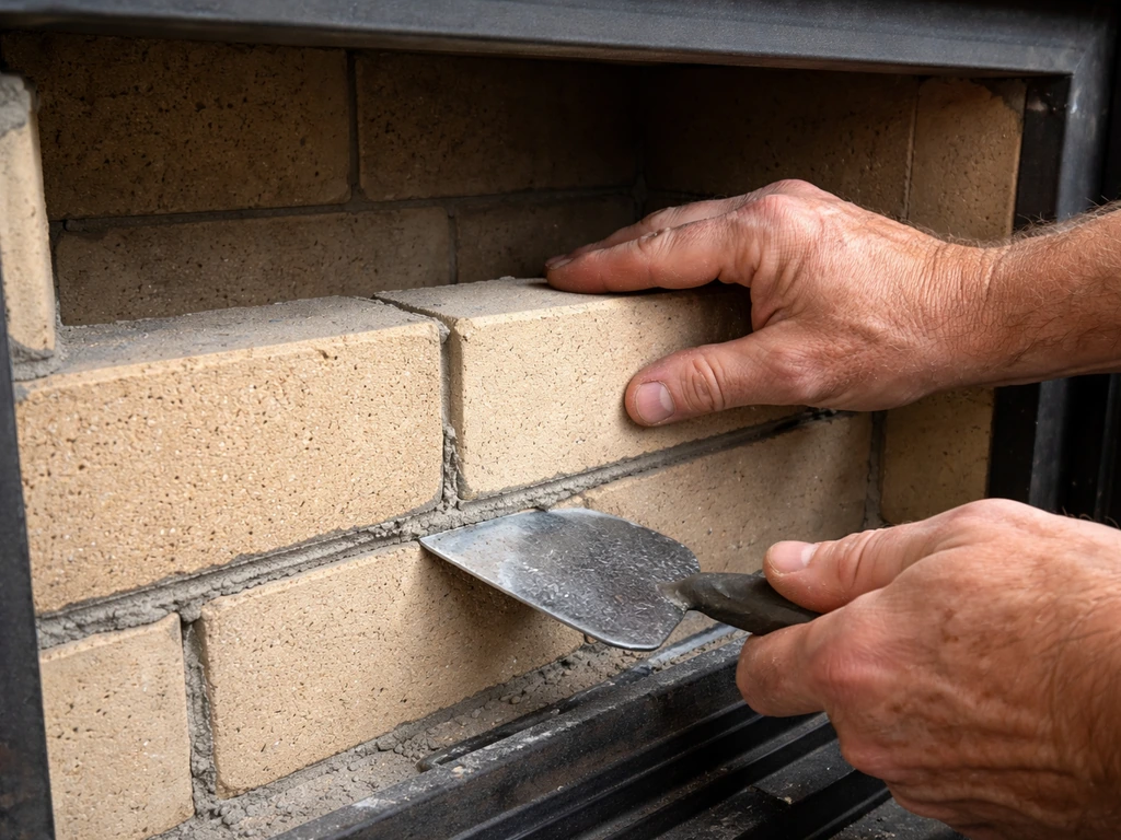 Firebrick firebox wall being laid with refractory mortar, mortar joints tightly packed and thin.
