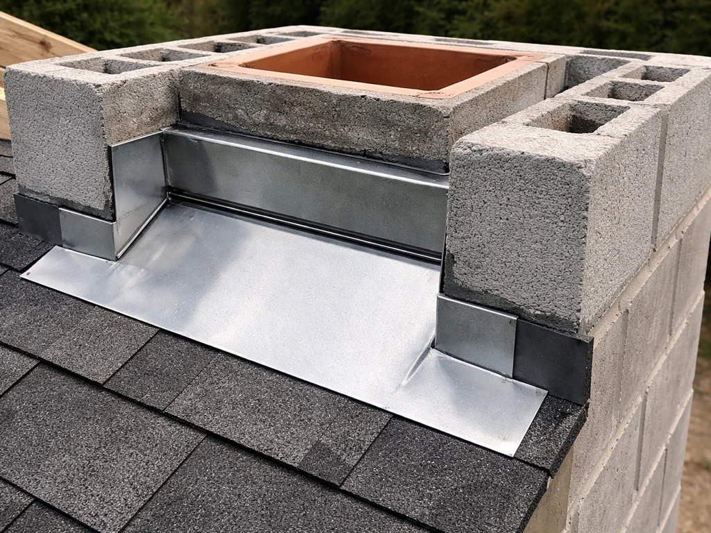 Close-up of chimney flue transition with metal flashing and sealed seams over masonry.