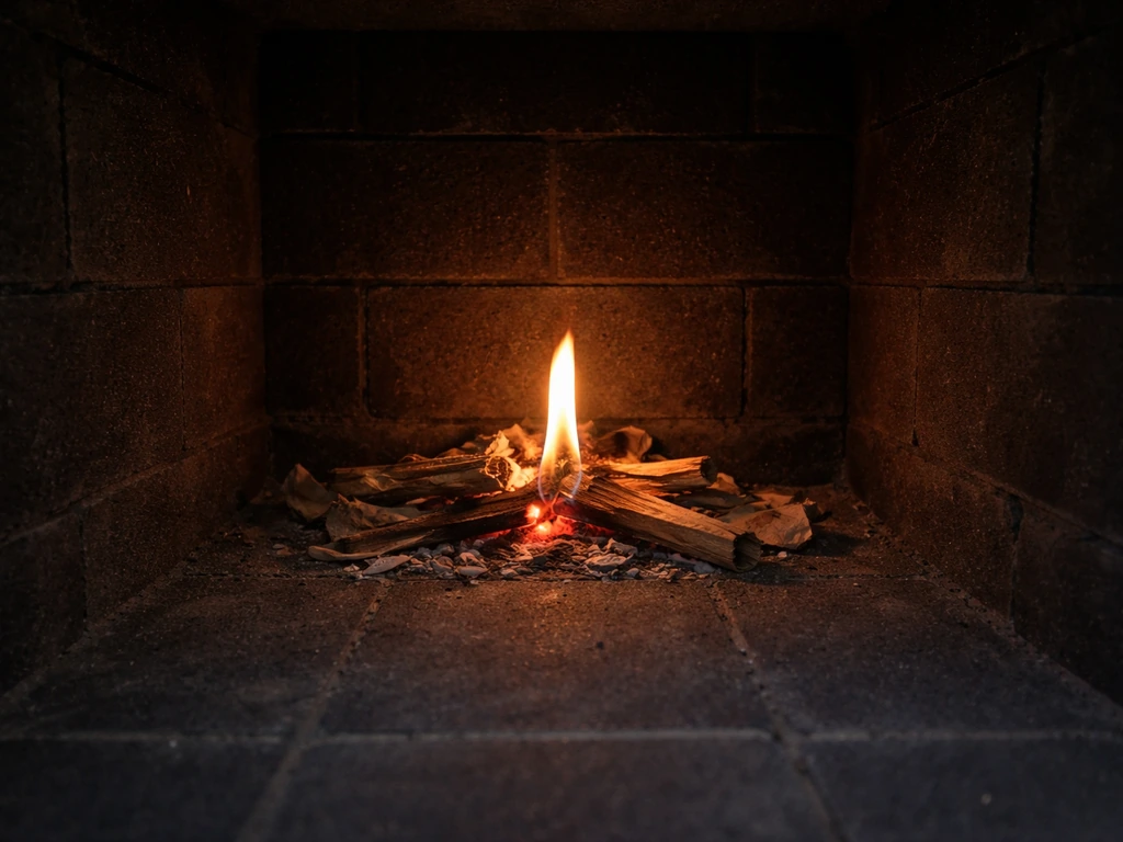 Small break-in fire burning inside a finished refractory firebox with glowing embers and kindling.