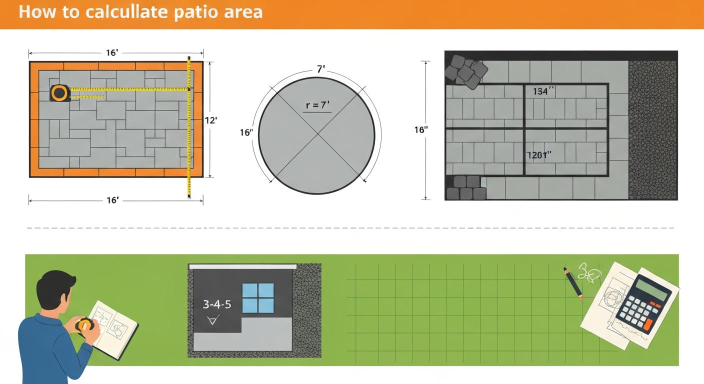 Overhead illustration of patio measurement showing rectangular, circular, and L-shaped patios with tape measures, string lines, stakes, dimension labels, a sketchbook, and a calculator.