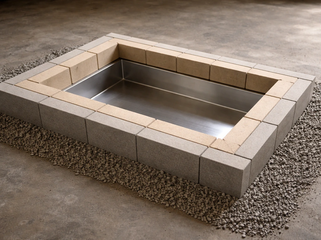 Close-up of firebrick lining, steel liner insert, and surrounding gravel for a burn-area base setup