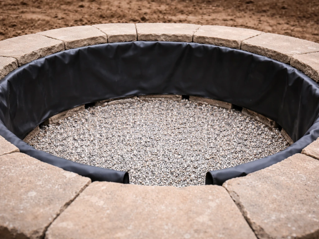 Close-up of a backyard fire pit base showing gravel drainage layer, small weep gaps, and waterproof liner.