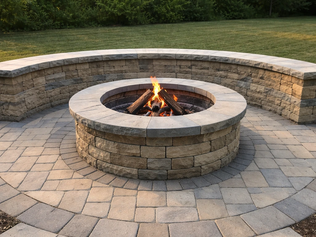 Completed patio fire pit with a built-in seating ring and small safe starter fire, evening natural light.