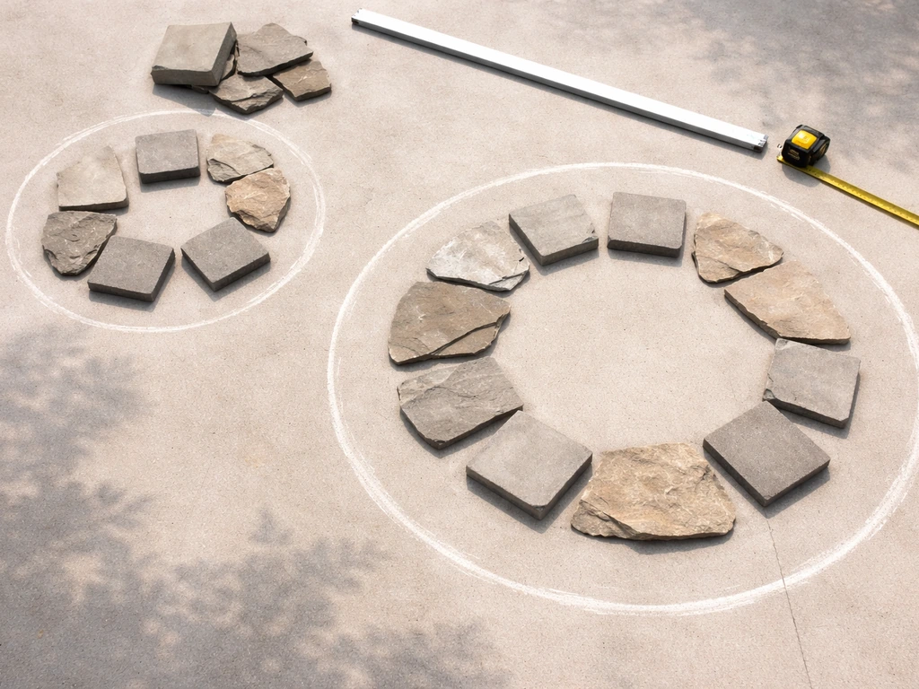Top-down patio layout with two chalk circles and paver/stone swatches arranged neatly for materials planning.