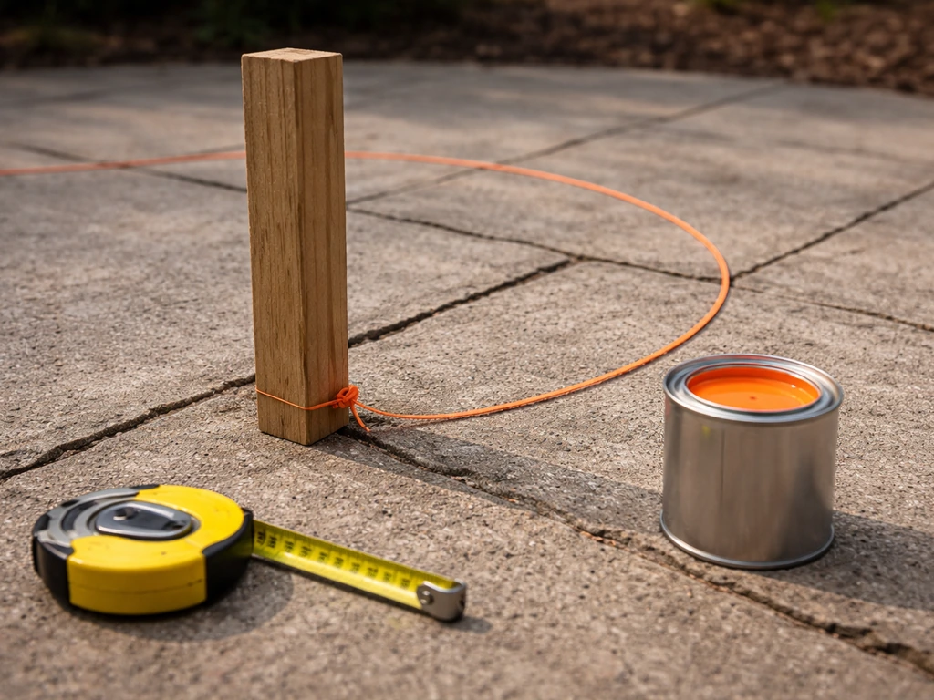 Close-up of a wooden center stake, mason’s line radius jig, and marking paint on patio ground