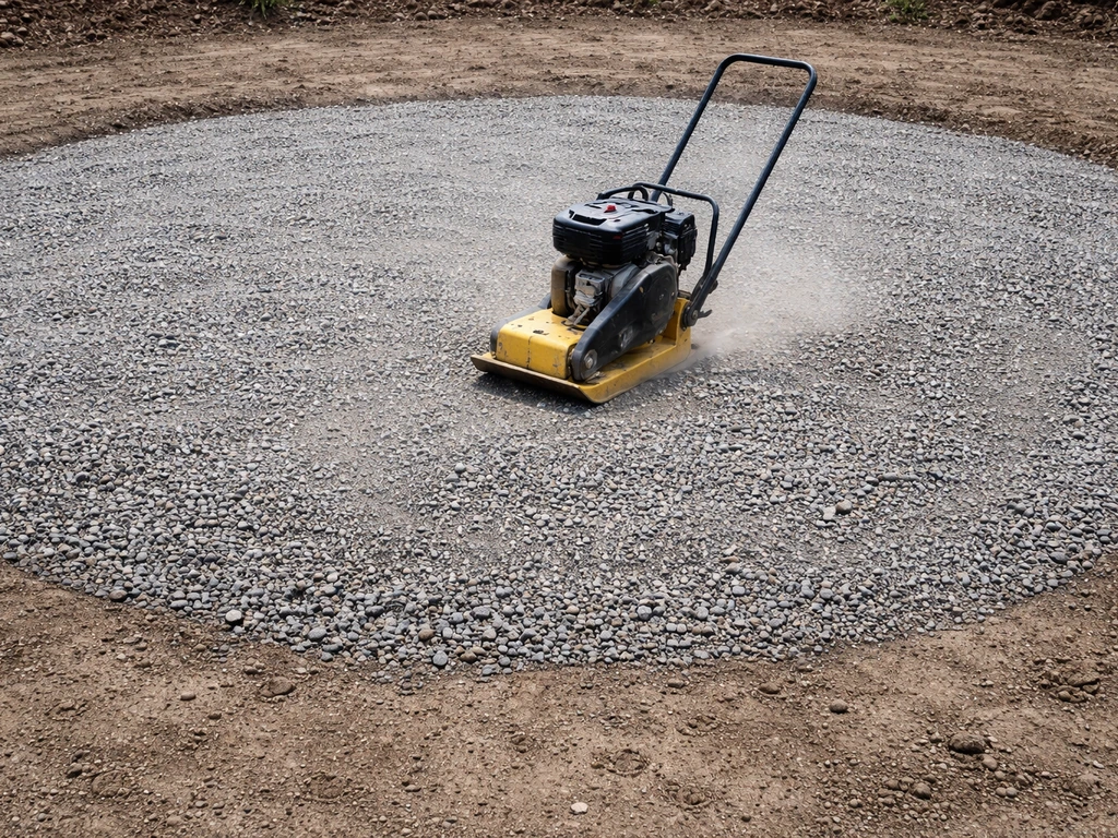 Plate compactor compressing crusher run gravel inside a circular subbase area