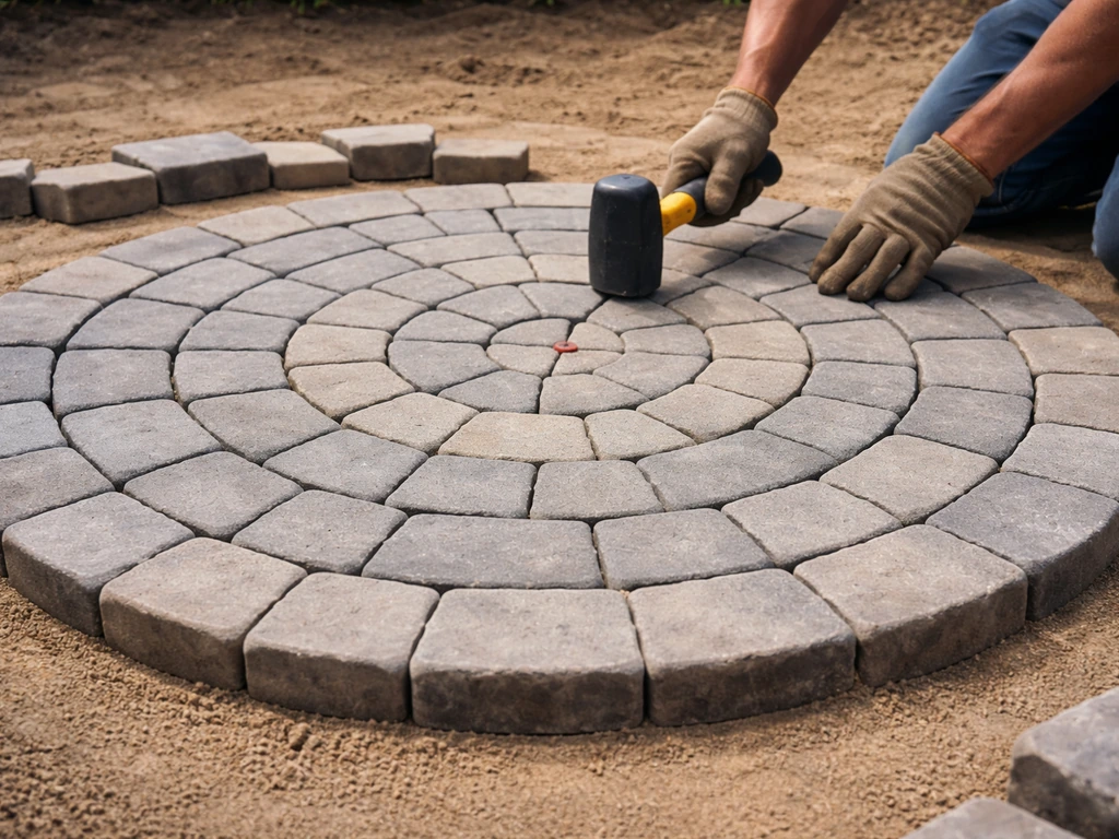 Hands tapping stone pavers into concentric rings around a marked center point with even joints