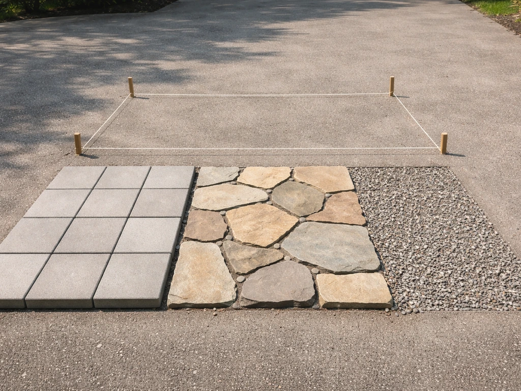 Minimal outdoor patio material samples laid out on the ground with simple layout guides
