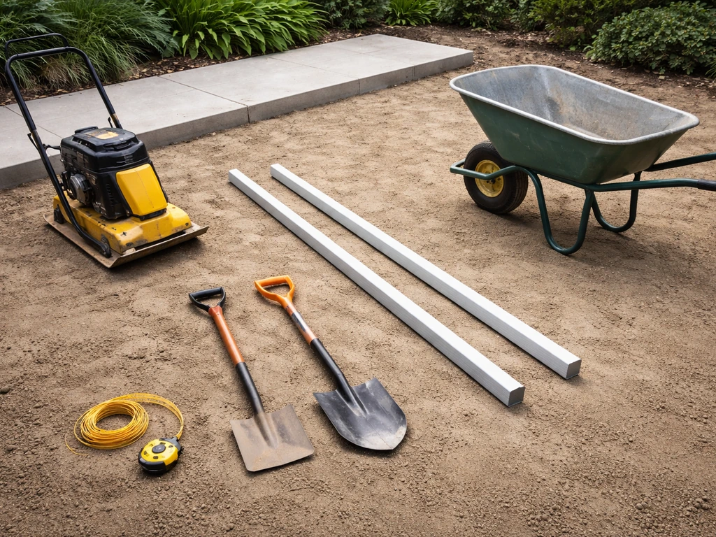 Tools for preparing a patio base: plate compactor, screed pipes, spades, and a wheelbarrow on soil.
