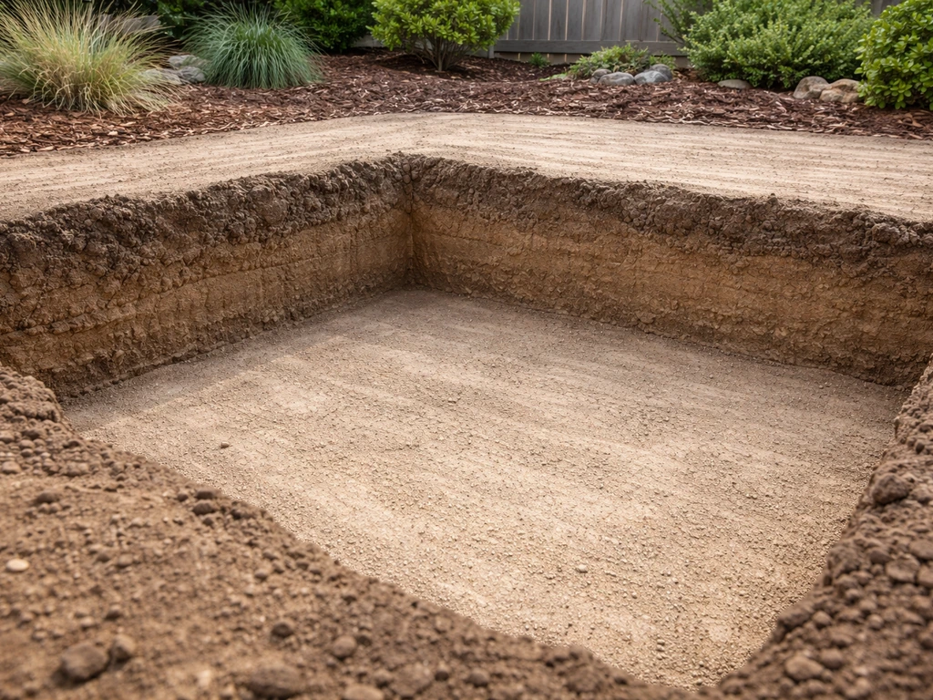 Excavated patio base with graded subgrade at 7–9 inches depth, ready for bedding and compaction