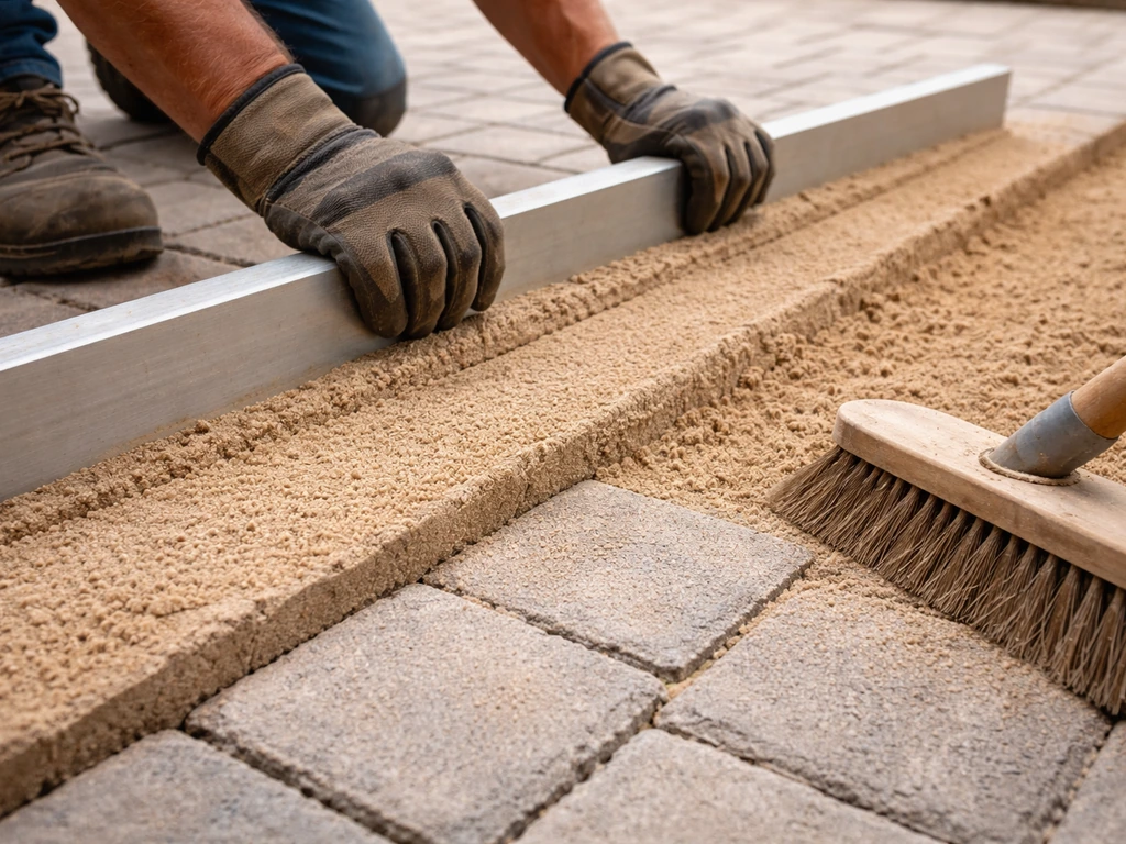 Worker screeding bedding sand and aligning pavers with a straightedge in a simple outdoor setting