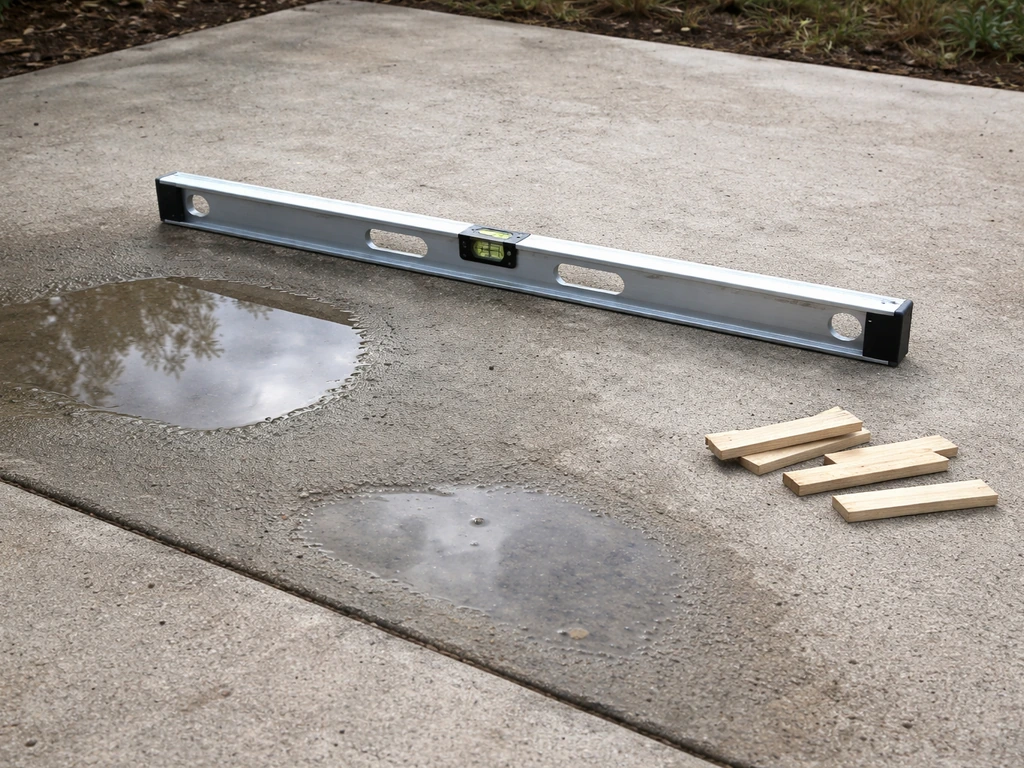 Outdoor patio with shallow water puddles in low spots and a spirit level for checking slope.