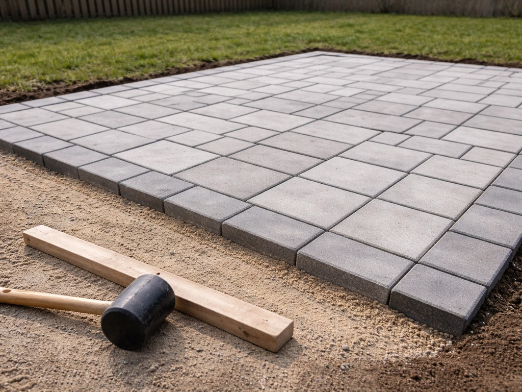 Partially built patio with pavers set on a prepared base, clean edges and tools nearby.