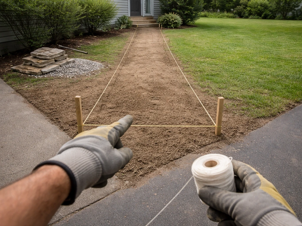 Gloved hands point at stakes-and-string layout showing a patio footprint and walkway path.