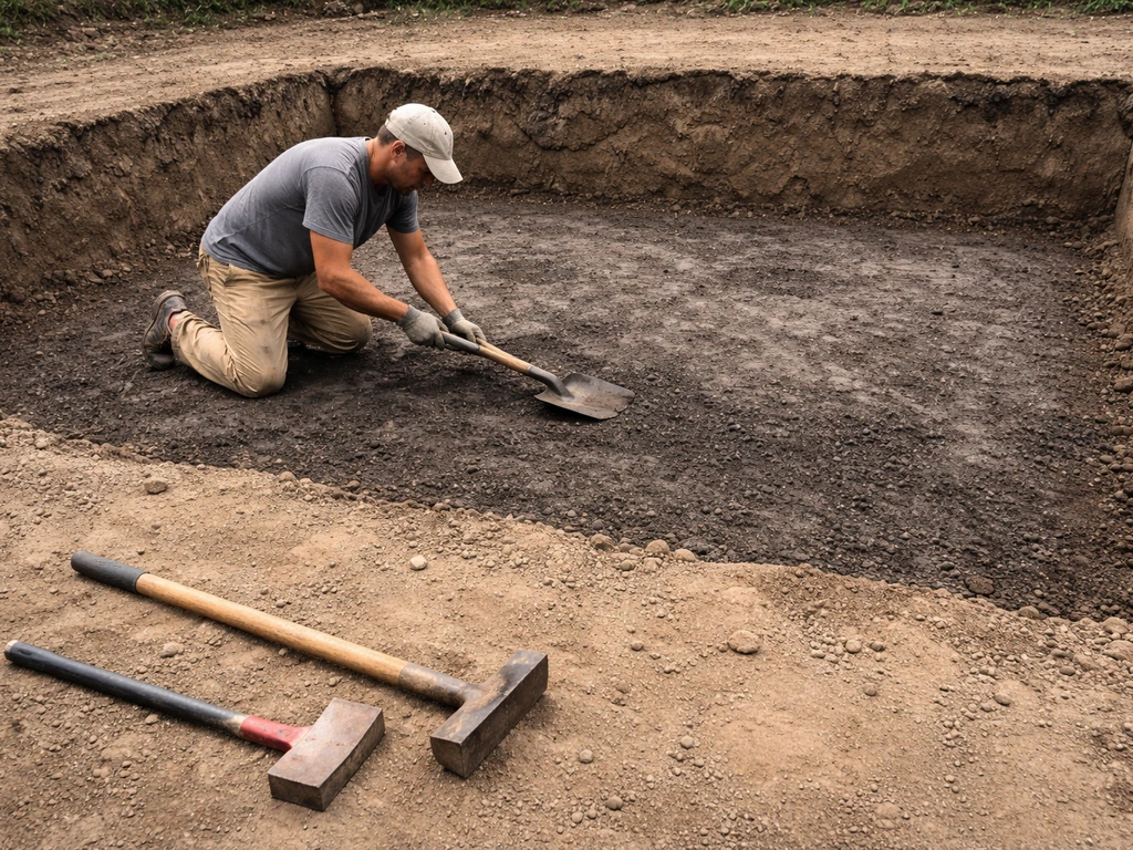 Worker scrapes away topsoil with a shovel to expose patio subgrade during excavation.
