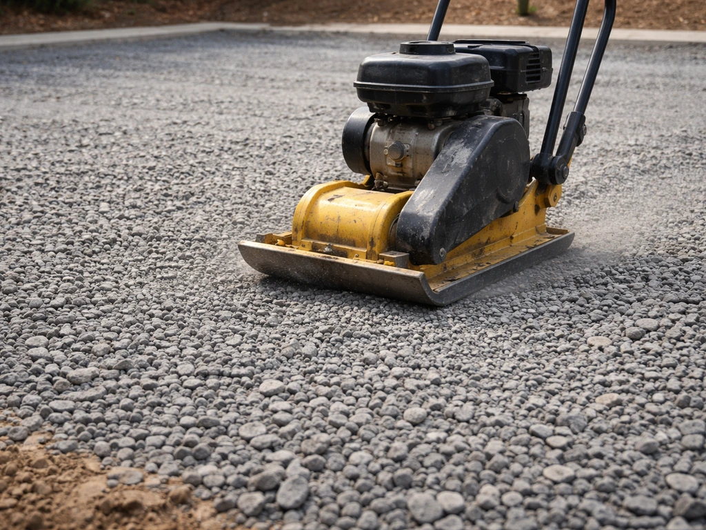 A plate compactor presses down gray crushed stone for a paver base on a simple outdoor job site.