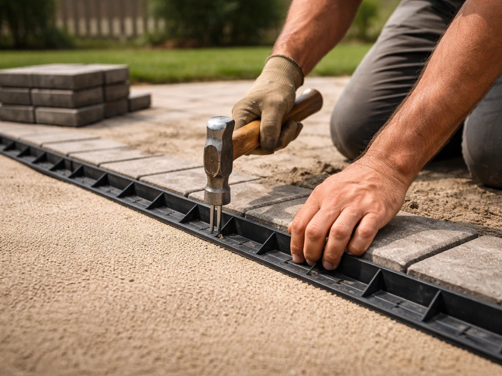 Close-up of a worker setting paver edge restraints in a sand bed for a patio.