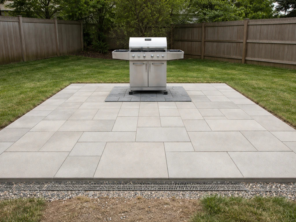 Completed backyard grill patio with pavers and an outdoor grill, showing clean clearance and drainage edge.