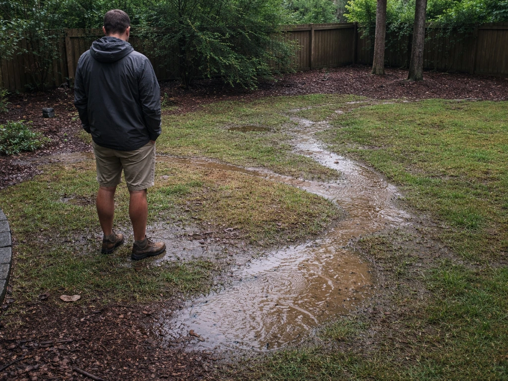 Homeowner walking through a rain-soaked backyard, checking water flow around a future grill patio area.