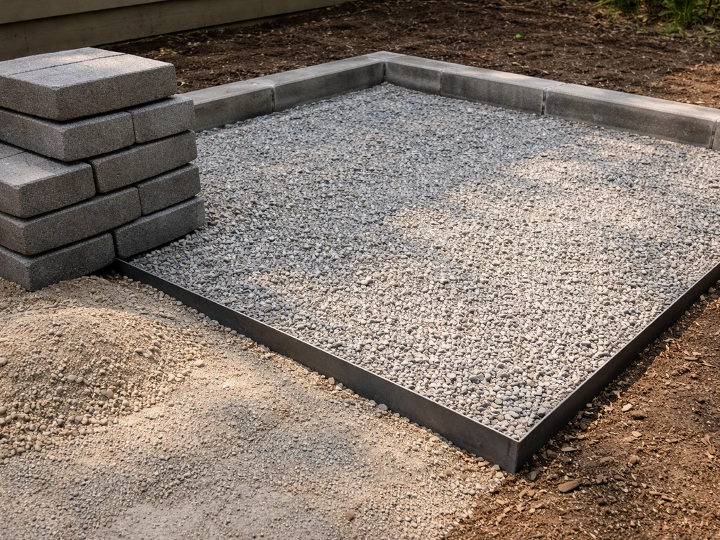 Close-up of concrete pavers and compacted gravel base with metal edging for a grill patio foundation.
