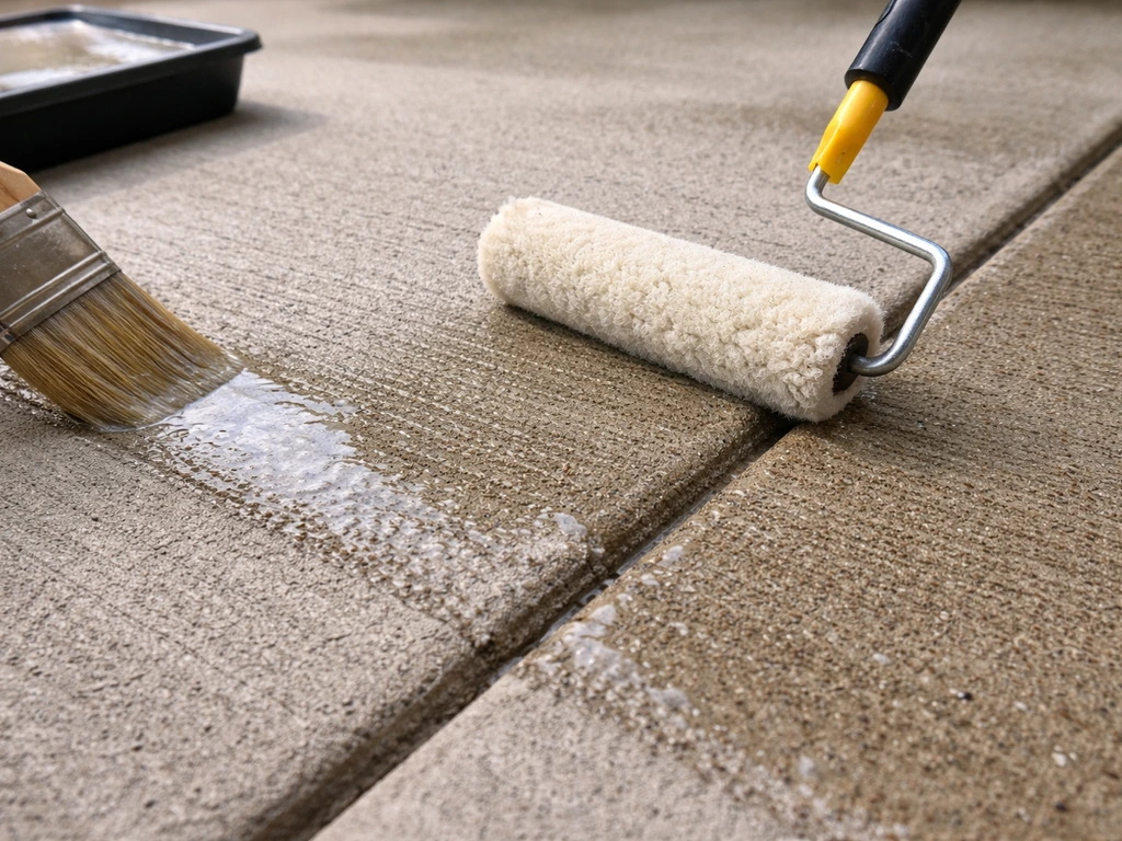 Close-up of a roller applying penetrating sealant to a concrete patio slab with visible drainage slope.