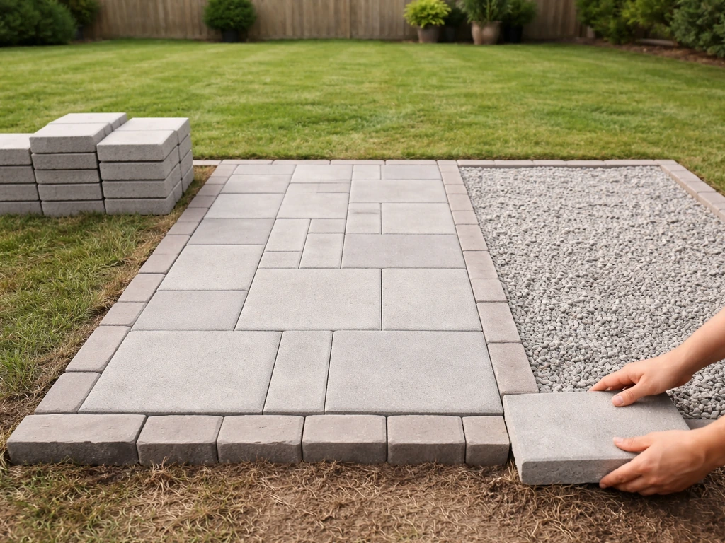 Backyard DIY patio area showing three adjacent sections: pavers, concrete slab, and gravel on a lawn.