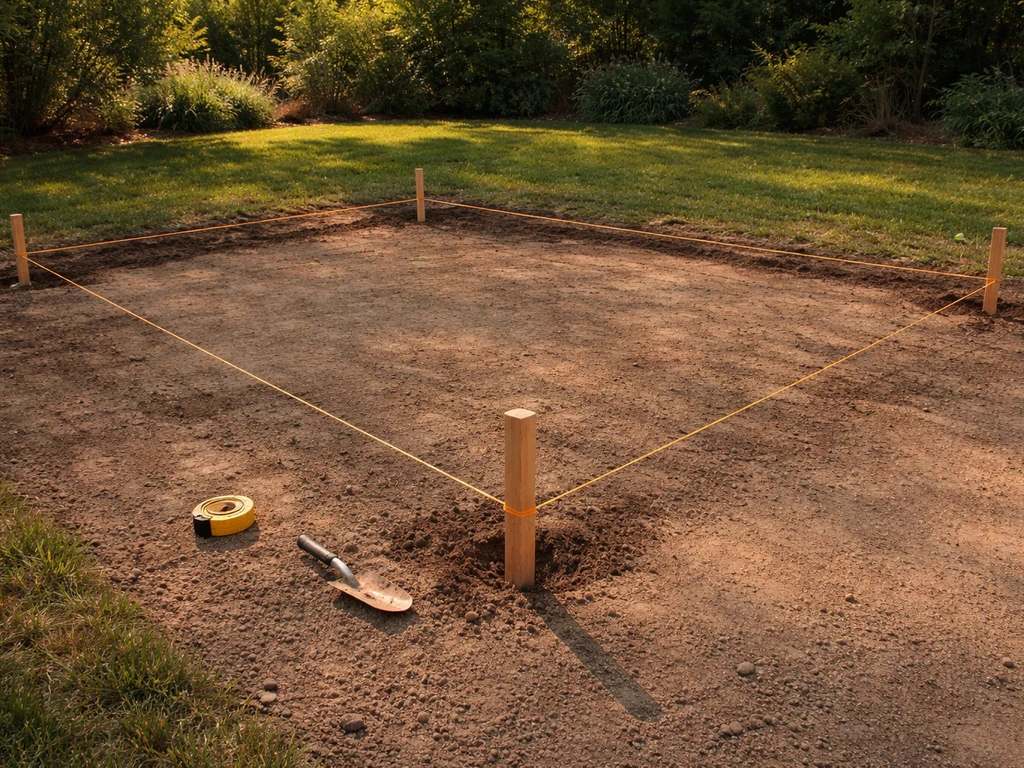 Backyard ground marked with corner stakes and taut mason’s line outlining a patio perimeter.