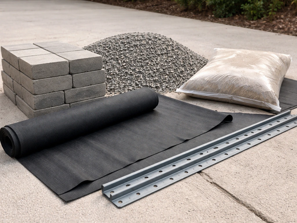 DIY patio materials laid out: pavers, gravel base, bedding sand, geotextile, and metal edging pieces.
