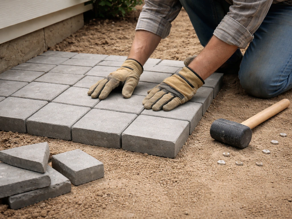 Worker laying concrete pavers from a corner with cut pieces set aside on the edge