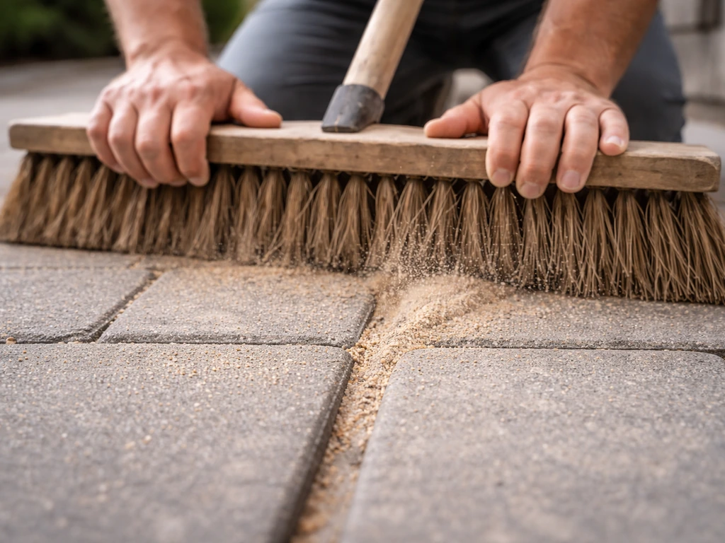 Person sweeping polymeric jointing sand into paver joints with a push broom