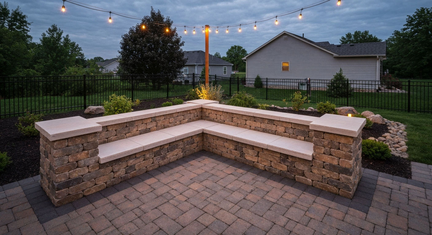 Finished backyard patio at dusk featuring a low stone seating wall with capstones and cushions, warm string lights, and paved patio surface.