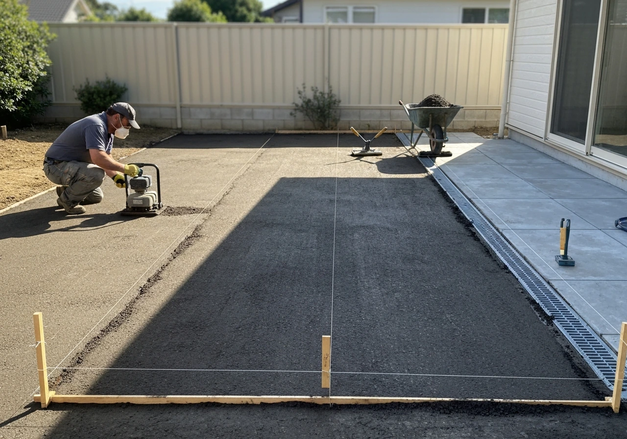 DIY homeowner working a drainage slope on a large patio with leveling strings and a freshly leveled base