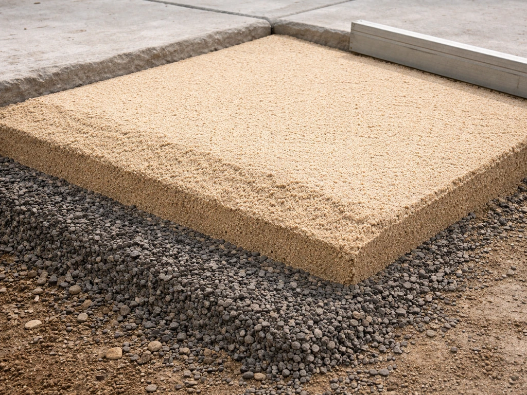 Close-up of three separated patio fill layers: compacted base gravel, bedding sand, and a thin finishing layer.