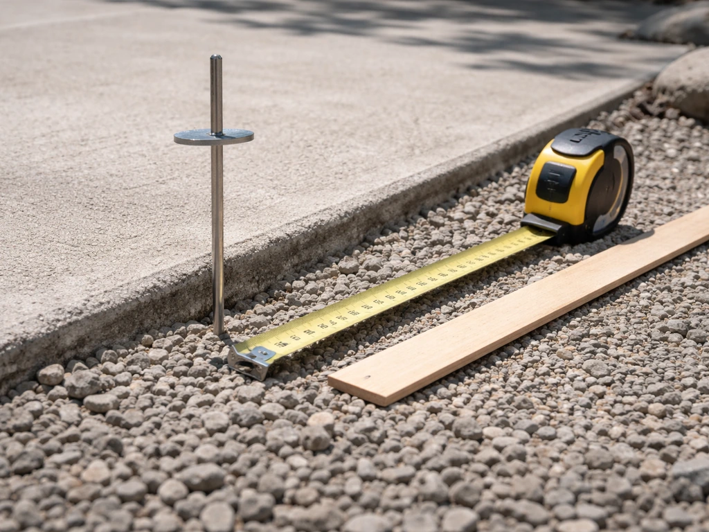 Close-up of patio measuring depth gauge and metal tape measure with gravel near the ground for conversions