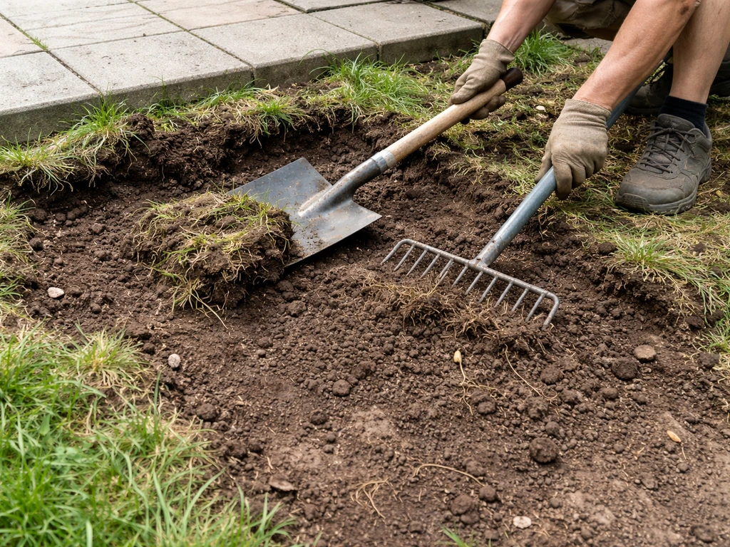 Hands with shovel and rake remove grass and roots, exposing native soil in a patio excavation area